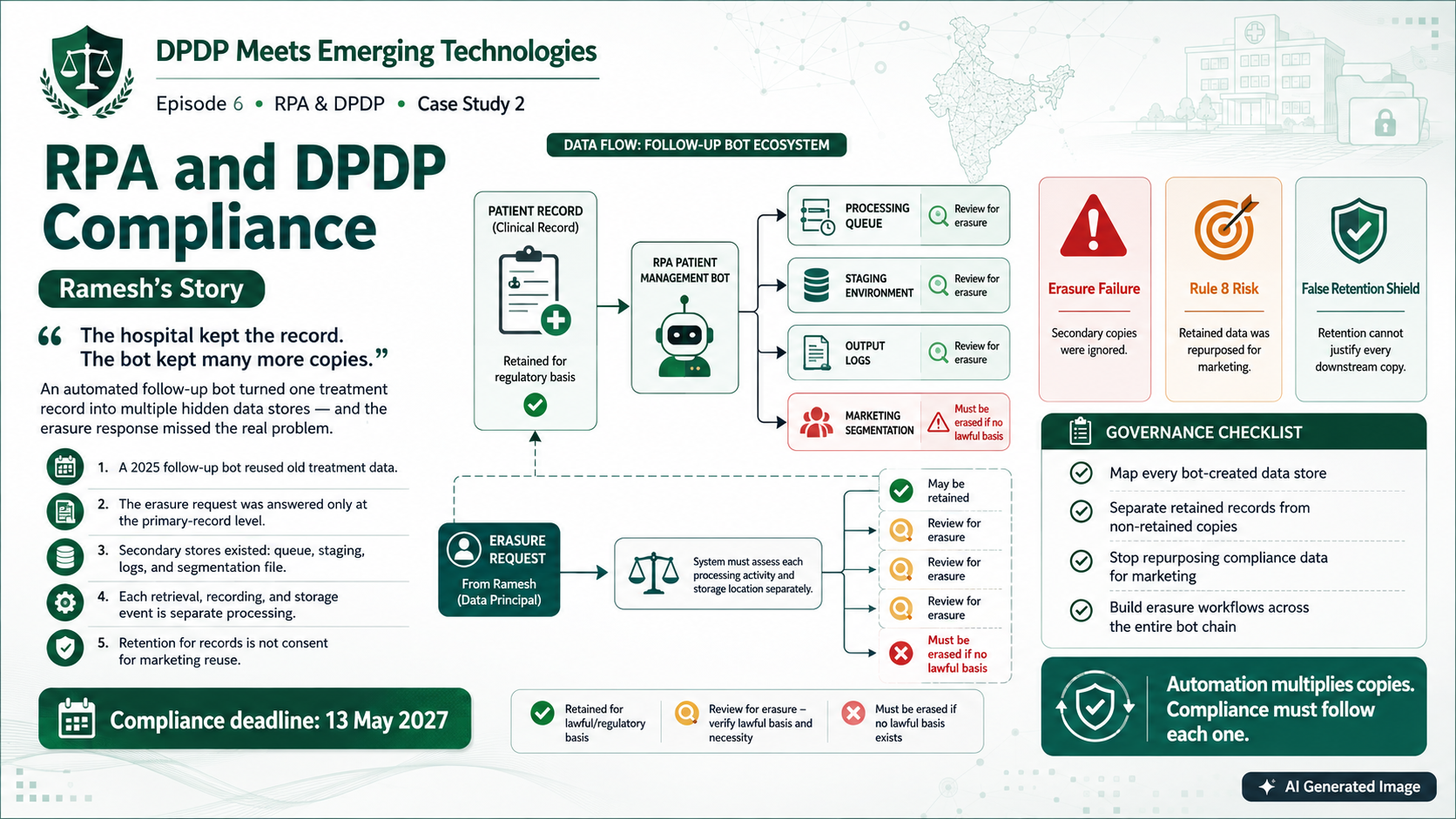 DPDP 2.6.2: dPDP & Emerging Technologies –  RPA – Data erasure failed due to untracked bot copies